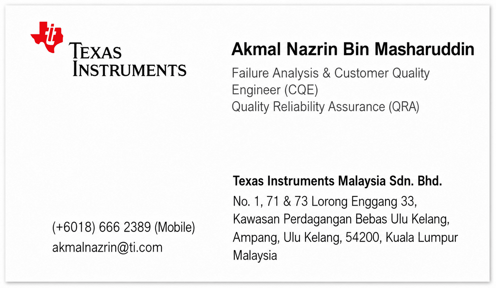 Texas Instruments Business Card