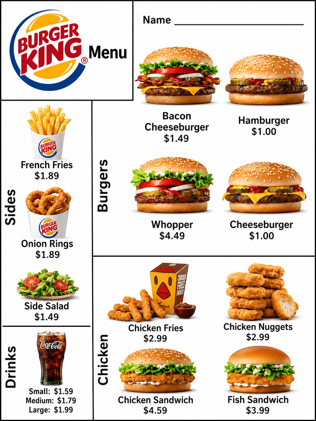 Burger King Menus Examples