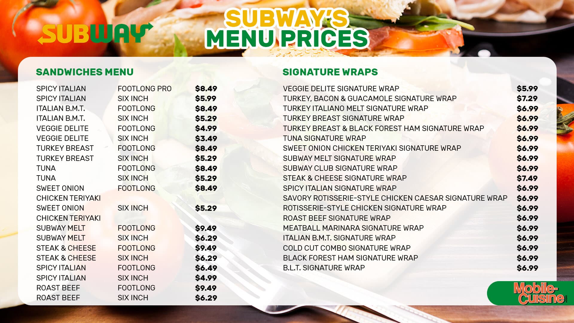 Subway Menus Examples