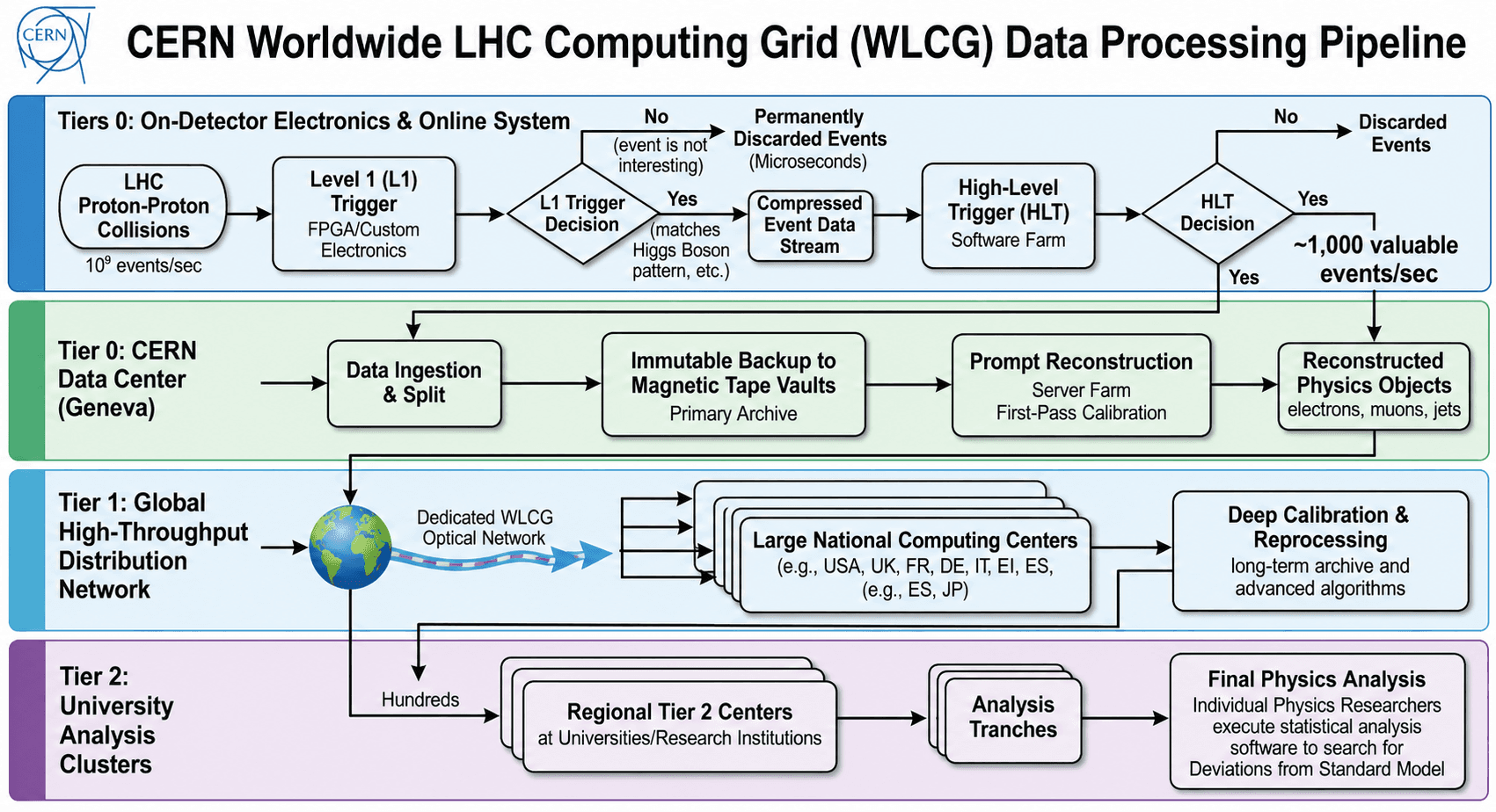 CERN Worldwide LHC Computing Grid (WLCG) Data Processing Pipeline Flowchart