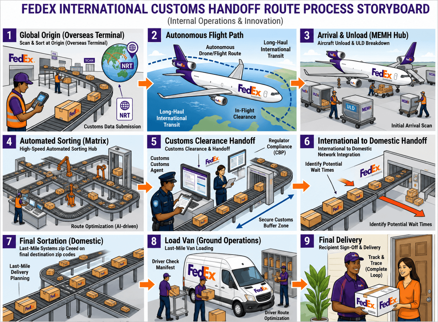 FedEx International Customs Handoff Route Process Storyboard