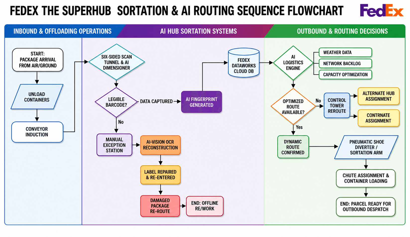 FedEx Superhub Sortation and AI Routing Sequence Flowchart