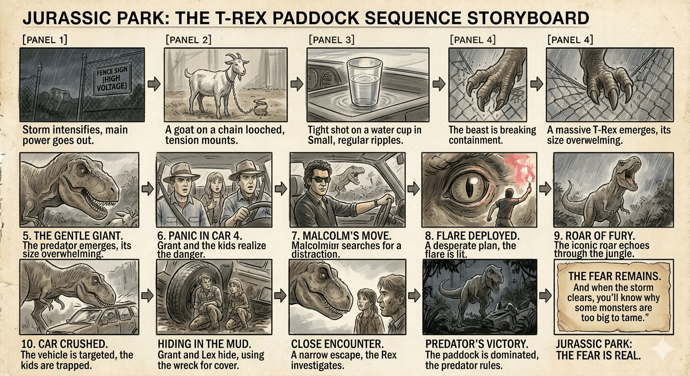 Jurassic Park The T-Rex Paddock Sequence Storyboard