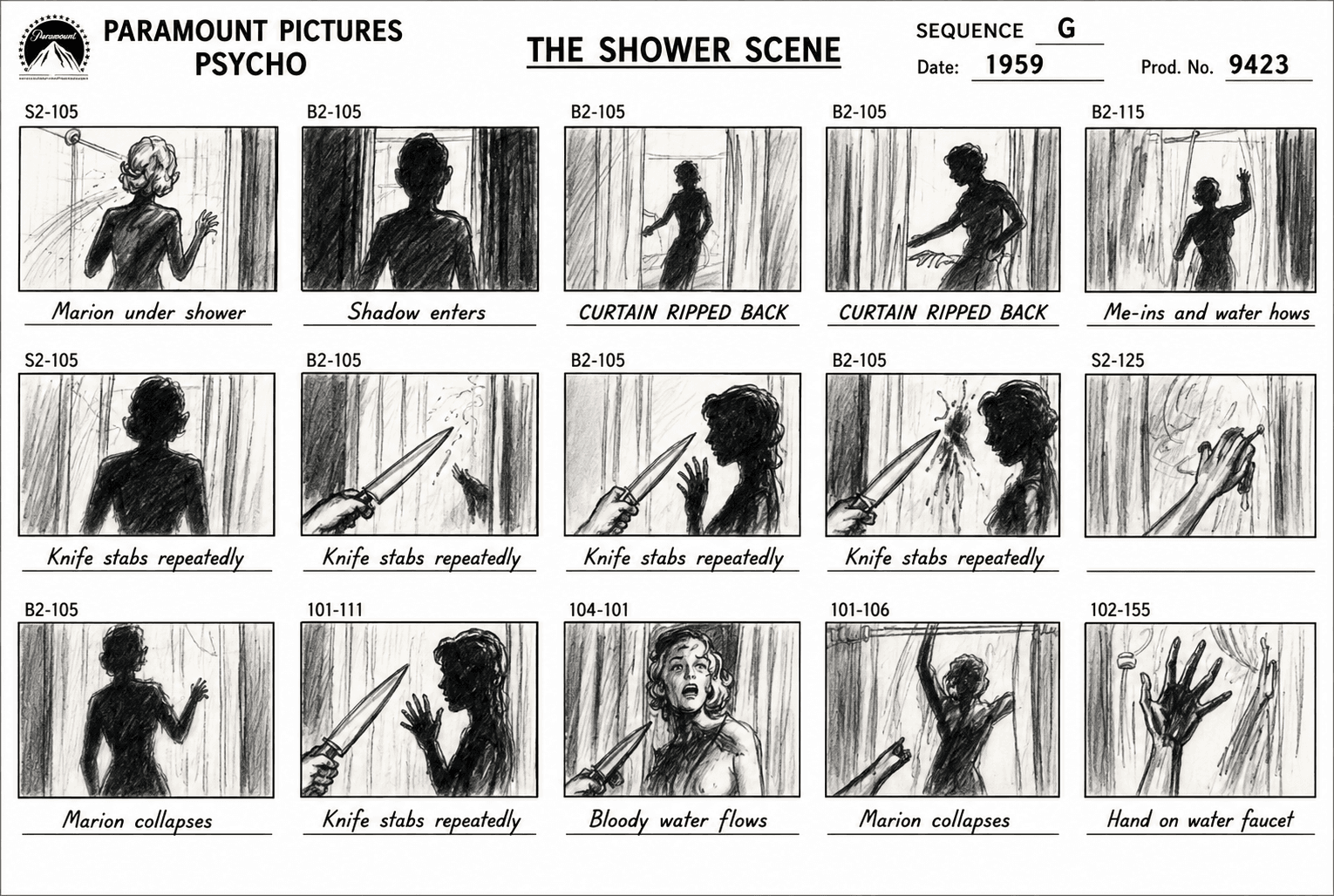 Paramount Pictures Psycho The Shower Scene Storyboard