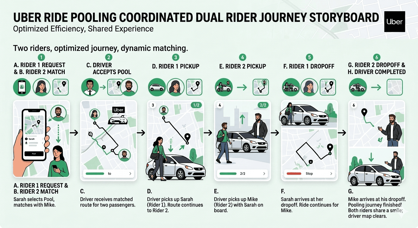 Uber Ride Pooling Coordinated Dual Rider Journey Storyboard