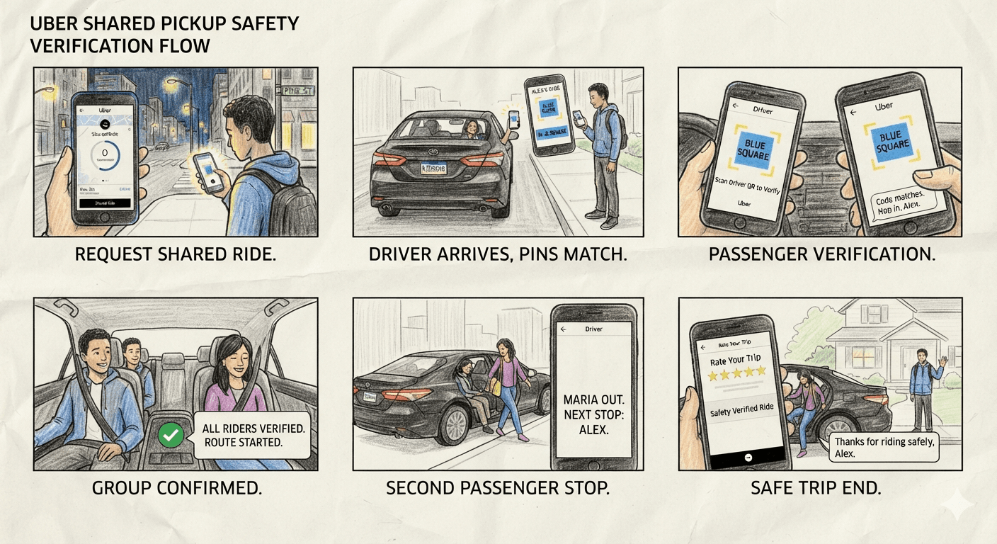 Uber Shared Pickup Safety Verification Flow Storyboard