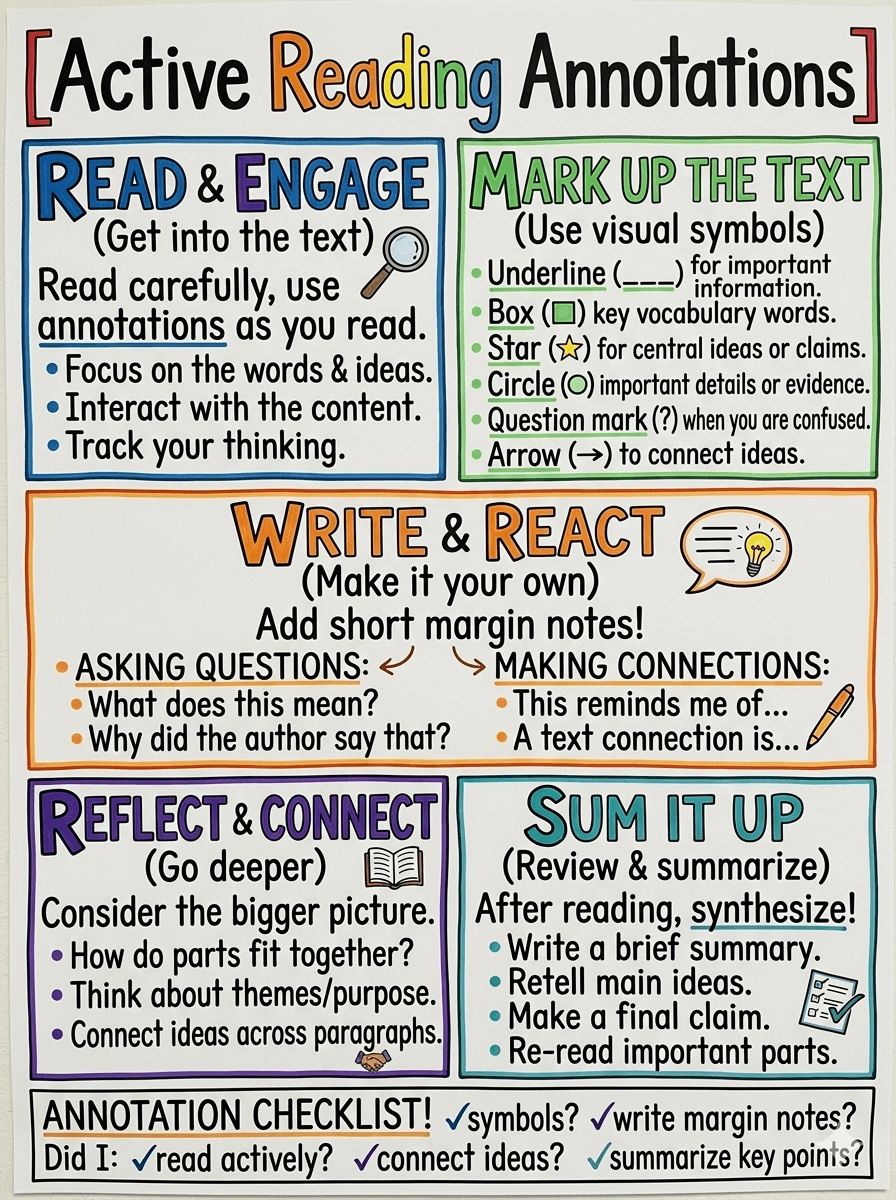 Active Reading Annotations Anchor Chart for 7th Grade ELA