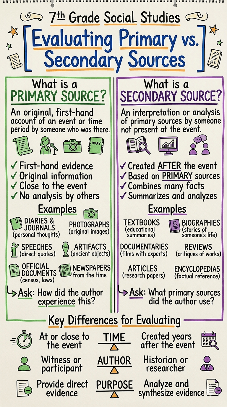 Evaluating Primary vs. Secondary Sources Anchor Chart for 7th Grade Social Studies