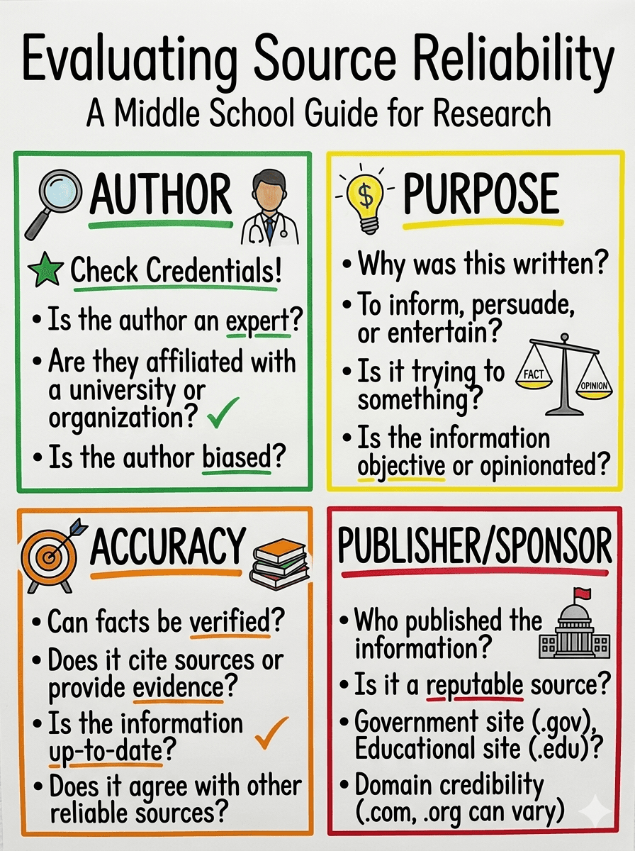 Evaluating Source Reliability Anchor Chart for Middle School Research