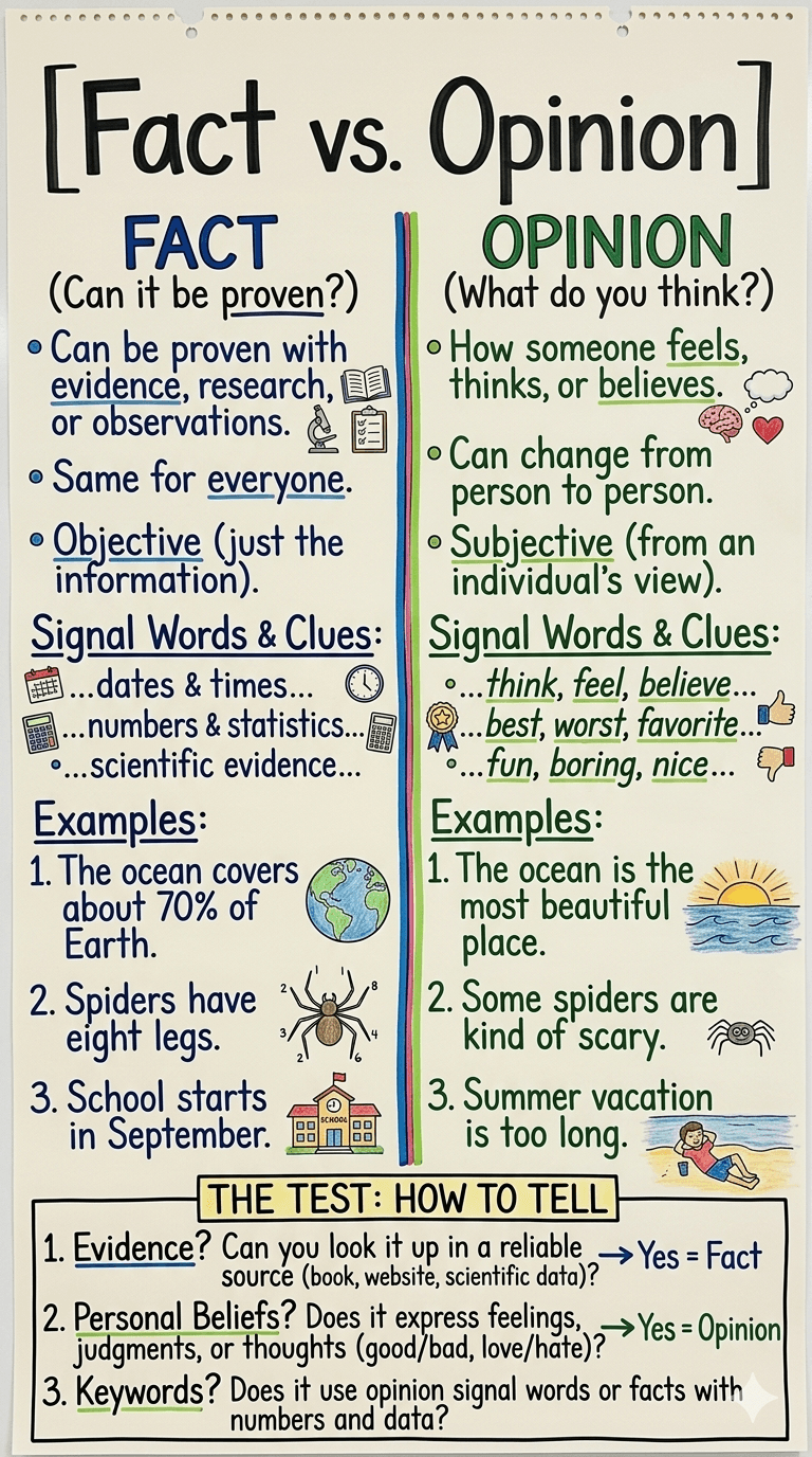 Fact vs. Opinion Anchor Chart for 3rd Grade ELA