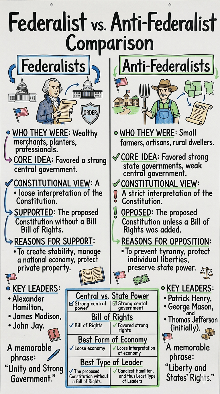 Federalist vs. Anti-Federalist Comparison Anchor Chart for 11th Grade History