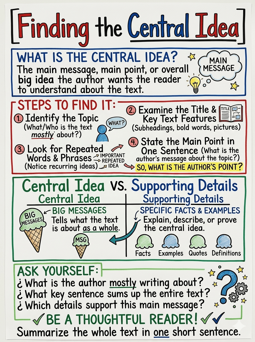 Finding the Central Idea Anchor Chart for 7th Grade Literacy