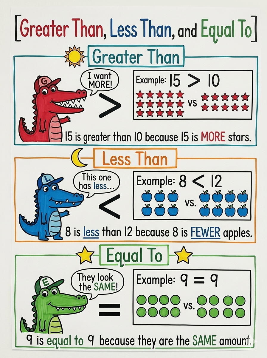 Greater Than, Less Than, and Equal To Anchor Chart for 1st Grade Math
