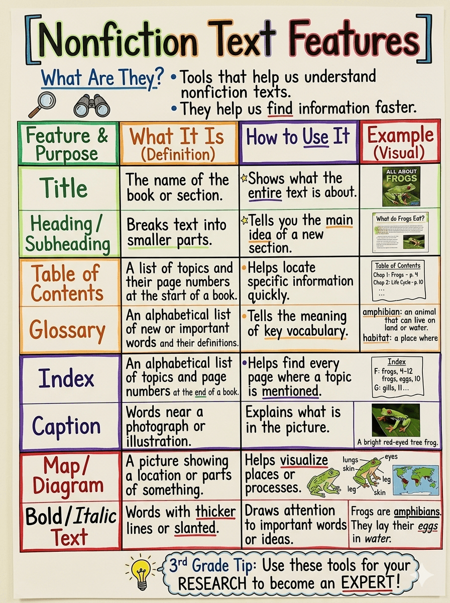 Nonfiction Text Features Anchor Chart for 3rd Grade Research