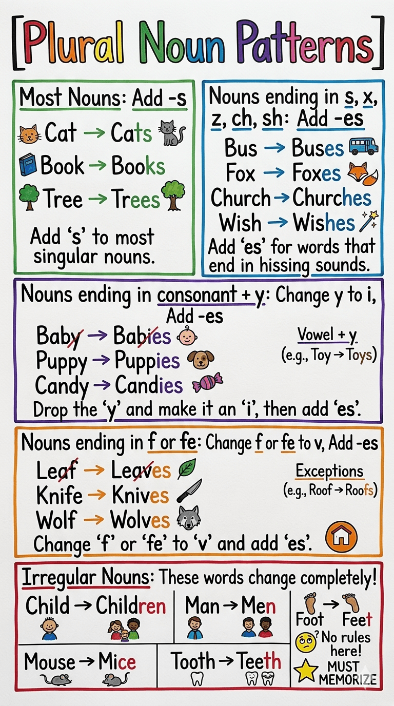 Plural Noun Patterns Anchor Chart for 3rd Grade Grammar