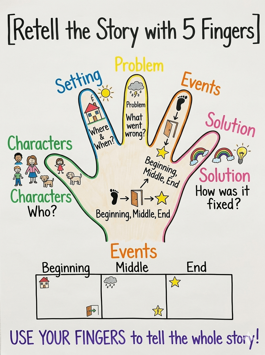 Retell the Story with 5 Fingers Anchor Chart for Kindergarten Reading