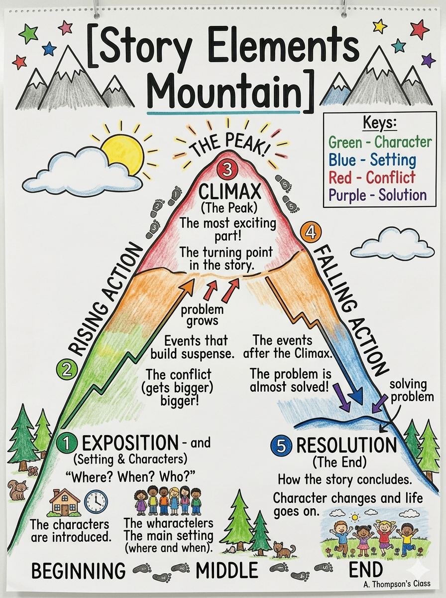 Story Elements Mountain Anchor Chart for 4th Grade Reading