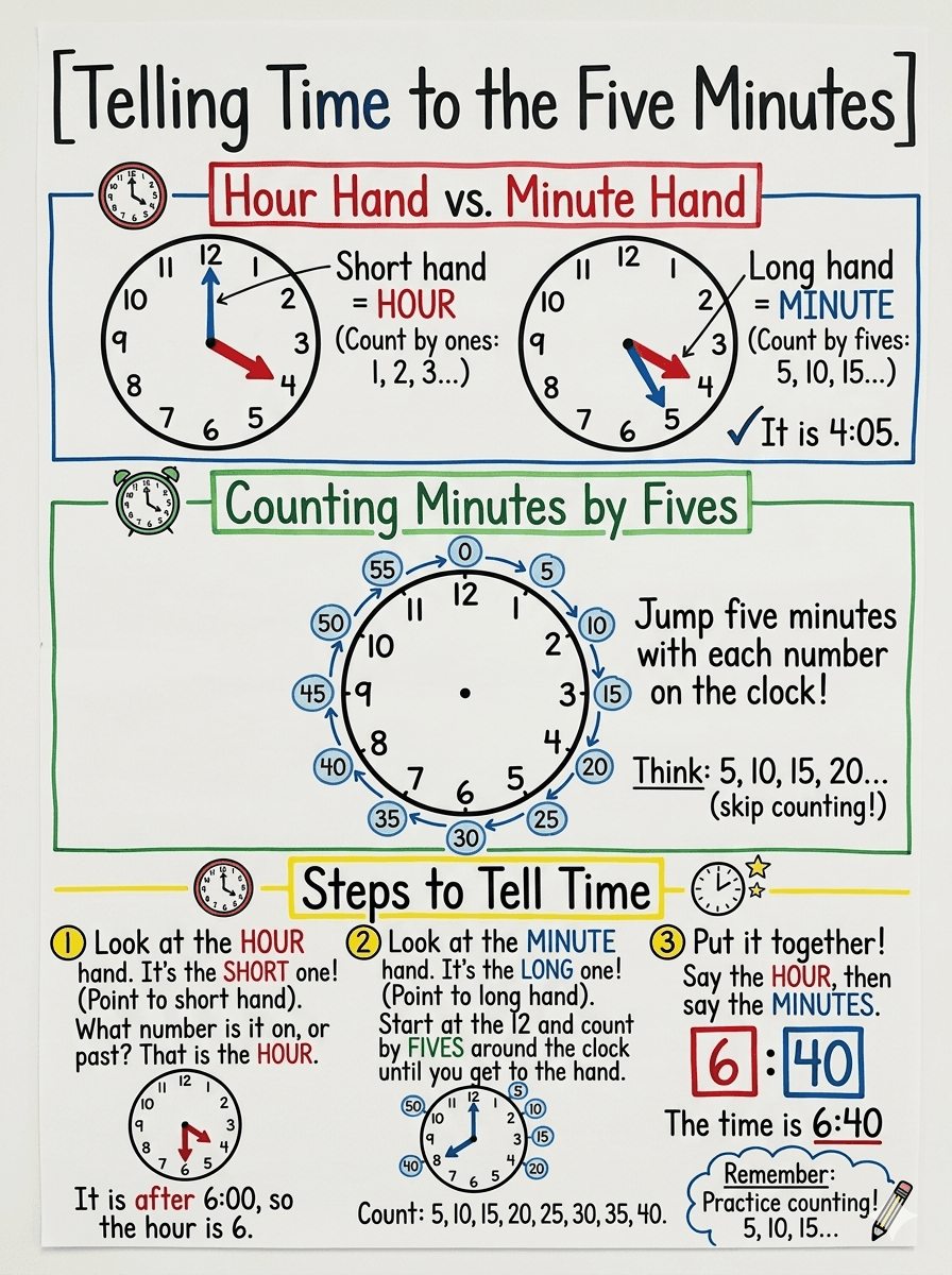 Telling Time to the Five Minutes Anchor Chart for 2nd Grade Math