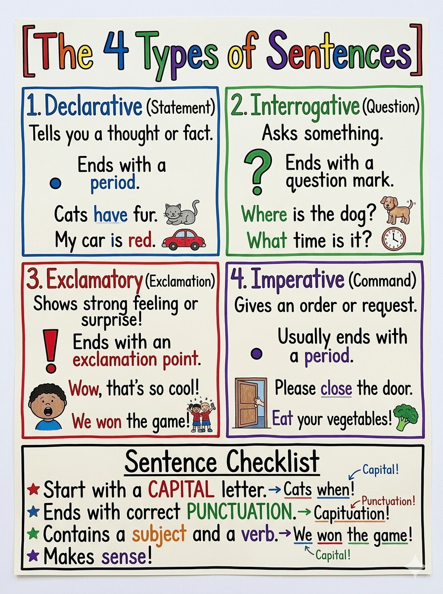 The 4 Types of Sentences Anchor Chart for 2nd Grade Literacy