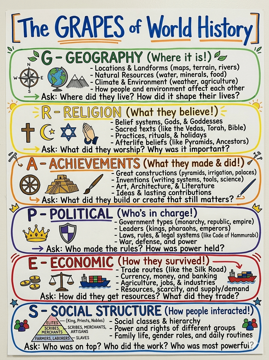 The GRAPES of World History Anchor Chart for 6th Grade History