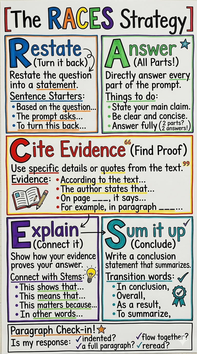 The RACES Strategy Anchor Chart for 6th Grade Writing
